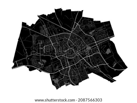 Groningen map. Detailed vector map of Groningen city administrative area. Cityscape poster metropolitan aria view. Black land with white streets, roads and avenues. White background.