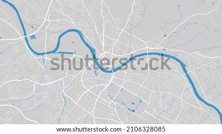 River map vector illustration. Elbe river map, Dresden city, Germany. Watercourse, water flow, blue on grey background road map. Detailed silhouette.
