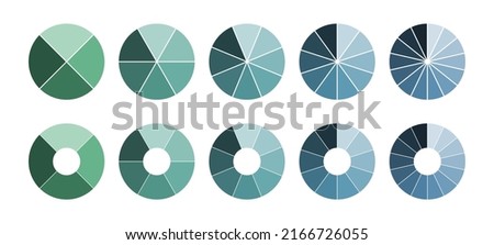 Set of pie chart diagrams. Circles cut on 4, 6, 8, 10 and 14 slices with empty and filled middle. Shades of green and blue gradient on white background, simple flat design vector illustration.