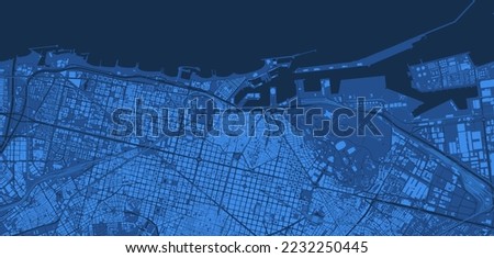 Detailed blue vector map poster of Barcelona city administrative area. Skyline panorama. Decorative graphic tourist map of Barcelona territory. Royalty free illustration.