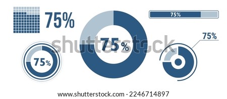 75 percent loading data icon set. Seventy-five circle diagram, pie donut chart, progress bar. 75% percentage infographic. Vector concept collection, blue color.