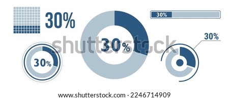 30 percent loading data icon set. Thirty circle diagram, pie donut chart, progress bar. 30% percentage infographic. Vector concept collection, blue color.