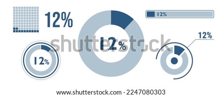 12 percent loading data icon set. Twelve circle diagram, pie donut chart, progress bar. 12% percentage infographic. Vector concept collection, blue color.