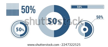 50 percent loading data icon set. Fifty circle diagram, pie donut chart, progress bar. 50% percentage infographic. Vector concept collection, blue color.