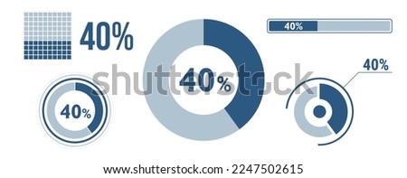 40 percent loading data icon set. Forty circle diagram, pie donut chart, progress bar. 40% percentage infographic. Vector concept collection, blue color.