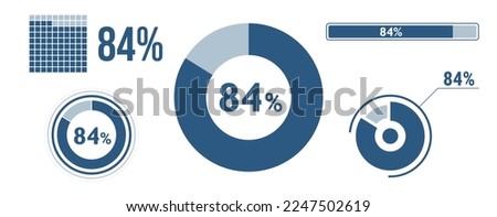 84 percent loading data icon set. Eighty-four circle diagram, pie donut chart, progress bar. 84% percentage infographic. Vector concept collection, blue color.