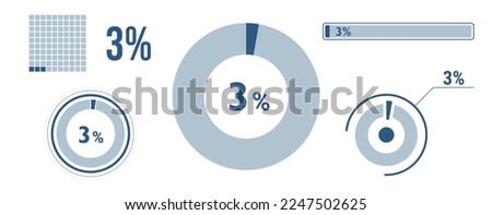 3 percent loading data icon set. Three circle diagram, pie donut chart, progress bar. 3% percentage infographic. Vector concept collection, blue color.