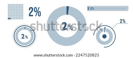 2 percent loading data icon set. Two circle diagram, pie donut chart, progress bar. 2% percentage infographic. Vector concept collection, blue color.
