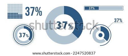 37 percent loading data icon set. Thirty-seven circle diagram, pie donut chart, progress bar. 37% percentage infographic. Vector concept collection, blue color.