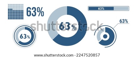 63 percent loading data icon set. Sixty-three circle diagram, pie donut chart, progress bar. 63% percentage infographic. Vector concept collection, blue color.
