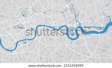 Thames river map, London city, England. Watercourse, water flow, blue on grey background road map. Vector illustration, detailed silhouette.