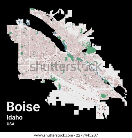 Boise map, capital city of the USA state of Idaho. Municipal administrative area map with buildings, rivers and roads, parks and railways. Vector illustration.