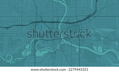 Background Des Moines map, Iowa, green mint city poster. Vector map with roads and water. Widescreen proportion, digital flat design roadmap.