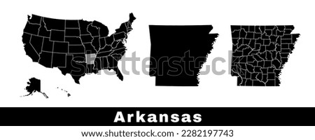 Map of Arkansas state, USA. Set of Arkansas maps with outline border, counties and US states map. Black and white color vector illustration.