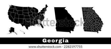 Map of Georgia state, USA. Set of Georgia maps with outline border, counties and US states map. Black and white color vector illustration.
