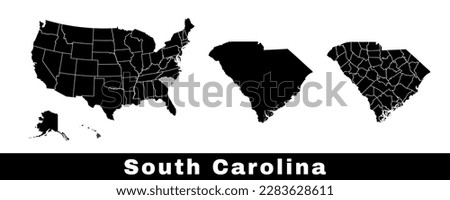 South Carolina state map, USA. Set of South Carolina maps with outline border, counties and US states map. Black and white color vector illustration.