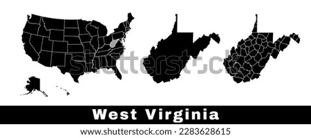 West Virginia state map, USA. Set of West Virginia maps with outline border, counties and US states map. Black and white color vector illustration.