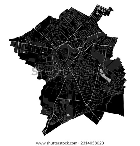 Cambridge city black map, England, the United Kingdom. Detailed administrative map with roads and railways, parks and rivers. City borders.