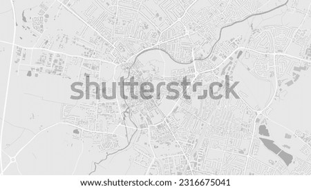 Cambridge map, the UK. Background grey and white map with roads and railways, parks and rivers. Widescreen resolution.