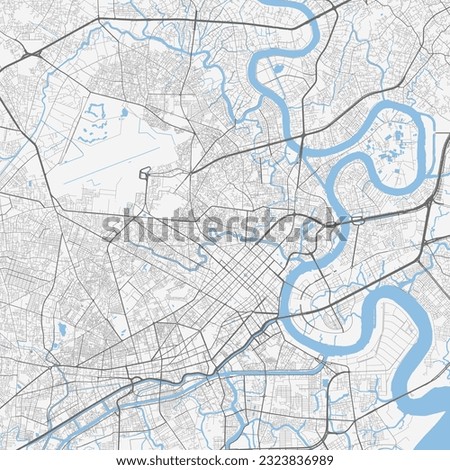 Ho Chi Minh map. Detailed map of Ho Chi Minh city administrative area. Cityscape panorama. Road map with highways, rivers. Royalty free vector illustration.