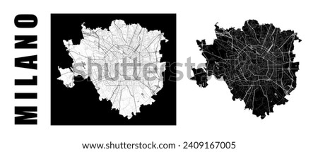 Milan map. Italy city within administrative municipal borders. Set of black and white vector maps. Streets and highways river, high resolution.