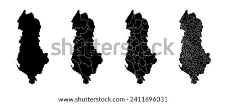 Set of state maps of Albania with regions and municipalities division. Department borders, isolated vector maps on white background.