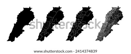 Set of state maps of Lebanon with regions and municipalities division. Department borders, isolated vector maps on white background.