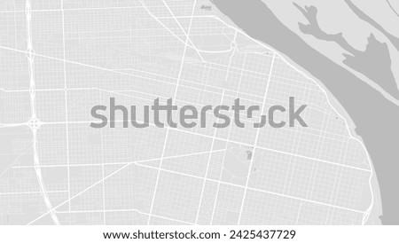 Background Rosario map, Argentina, white and light grey city poster. Vector map with roads and water. Widescreen proportion, digital flat design roadmap.