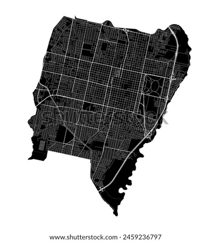 San Miguel de Tucuman city map, Argentina. Municipal administrative borders, black and white area map with rivers and roads, parks and railways. Vector illustration.