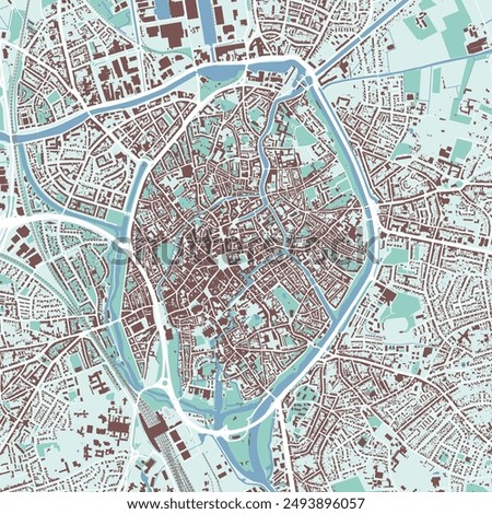 Bruges map, Belgium. City map, vector streetmap with buildings and roads, parks and rivers.