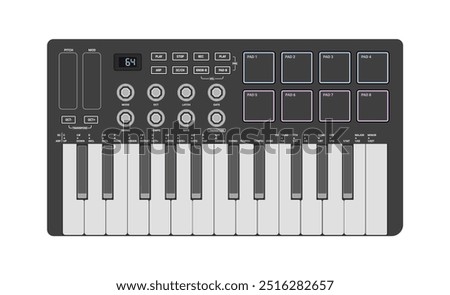 MIDI controller. Portable synthesizer, two octaves keyboard, drum pads and knobs. For music production, sound creation, musician and DJ.