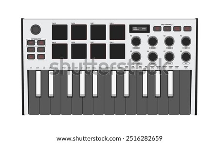 MIDI controller. Portable synthesizer, two octaves keyboard, drum pads and knobs. For music production, sound creation, musician and DJ.