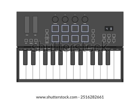 Small synthesizer, MIDI controller. Two octaves keyboard, drum pads and knobs. Electronic music instrument, vector illustration.