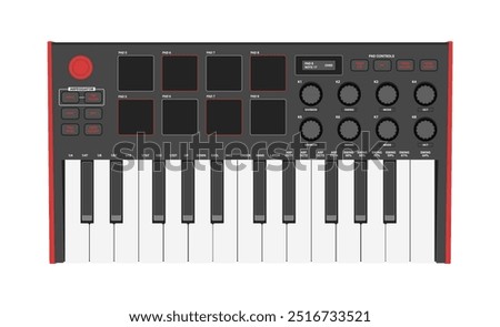 Small synthesizer, MIDI controller. Two octaves keyboard, drum pads and knobs. Electronic music instrument, vector illustration.