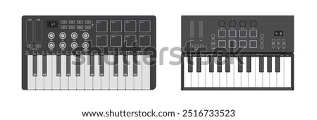 Realistic synthesizers, midi controller. Two octaves, keys, pads and buttons. Digital music instrument.