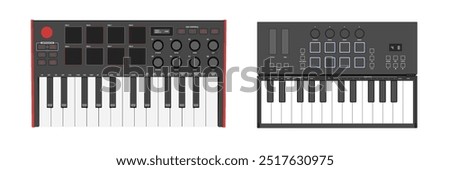 Realistic synthesizers, midi controller. Two octaves, keys, pads and buttons. Digital music instrument.