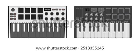 Digital music instrument. Realistic synthesizer, midi controller. Two octaves of keys, pads and buttons.