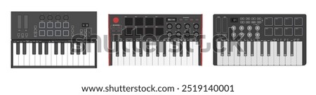 Small synthesizers set, MIDI controller. Two octaves keyboard, drum pads and knobs. Electronic music instrument, vector illustration.