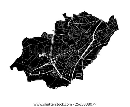 Map of Anderlecht, Belgium. Detailed city vector map, metropolitan area. Black and white streetmap with roads and water.