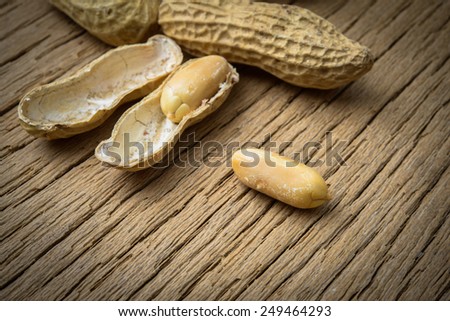 Close up peanuts in shells on wood background