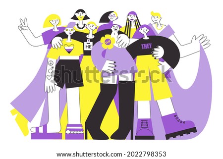 Group of non-binary people in colours of NB flag (yellow, purple). LGBTQ diversity and pride vector flat illustration concept set. Genderfluid and genderqueer person rights.