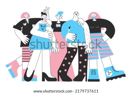 Transgenders mtf and ftm with trans symbols and colors. Genderqueer and crossdressers rights concept. LGBTQ+ equality vector flat illustration set. Social and medical transition.