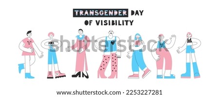 Transgender day of visibility. Set of trans mtf and ftm people with flag colors and lgbt symbols. Equality, diversity, inclusion, rights concept. Vector flat illustration.