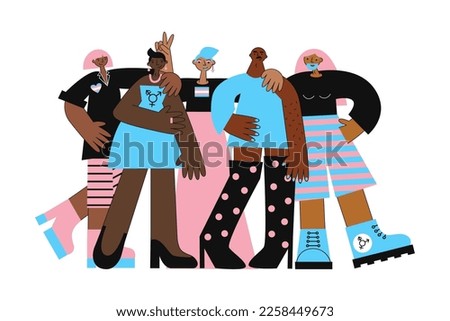 Transgender day of visibility. Group of black trans mtf and ftm people with flag colors and lgbt symbols. Equality, diversity, rights for african american community. Vector flat illustration.