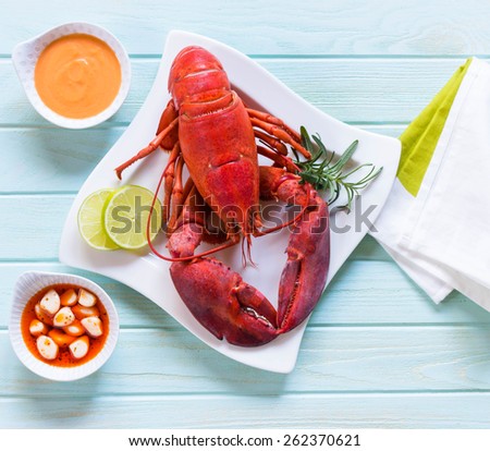 Red lobster on blue table