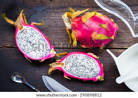 Cooking of dragon fruit on wooden background, top view