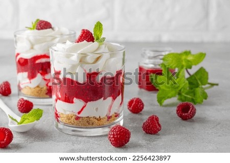 Foto Bild Himbeerdessert aus geschlagener weißer Schokoladenmousse und Himbeere