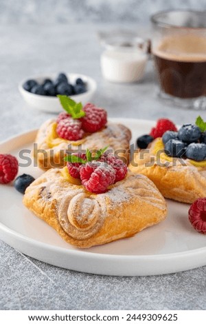 Similar – Image, Stock Photo Fruit berry pie and branch of lavender on table