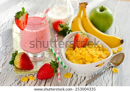 Fresh healthy breakfast with fruits and milk shake horizontal