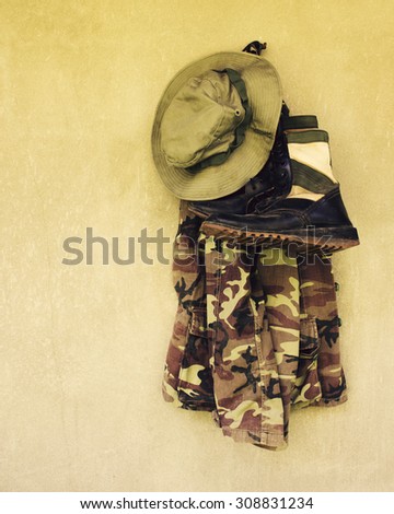 vintage,military caps,military boots and military shirt